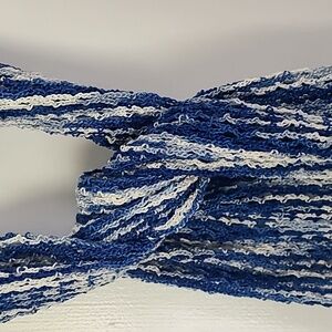 NWOT Hand crafted crocheted scarf. 15 x 70, blue and white variegated.